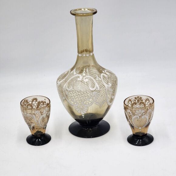 Antique Venetian Murano Smokey Art Glass White Lace Enamel Decanter And 2 Cups